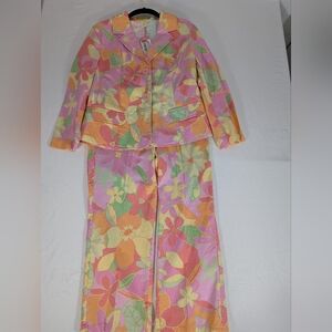 NWT Sigrid Olsen Pink, Orange, Green Floral Cotton Pants Suit Petite Size 4-
